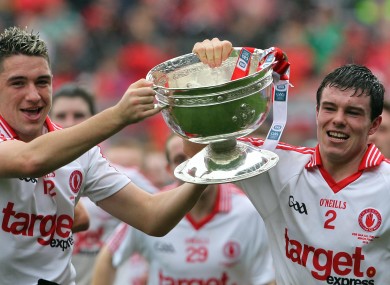Ryan Devlin and Shea McGarrity celebrate with the Tom Markham Cup. Next year's minor All-Ireland finals will be broadcast on TV3 for the first time.