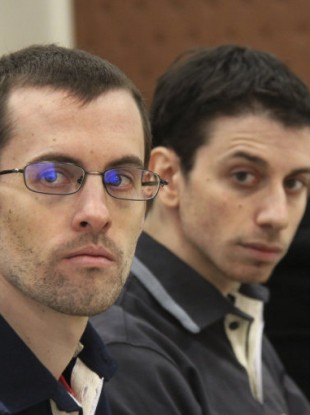 Shane Bauer, left, and Josh Fattal attending the opening of their trial in Tehran yesterday.