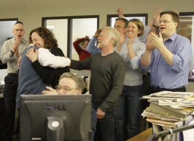 Members of the Milwaukee Journal Sentinel staff celebrating winning the 2011 Pulitzer Prize for Explanatory Reporting this evening.