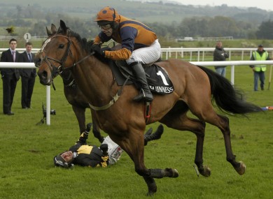 Follow the Plan ridden by Tom Doyle goes on to win the Guinness Gold Cup at Punchestown as Robbie Power falls from Roberto Goldback at the final fence yesterday.