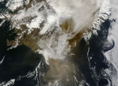 NASA satellite image of the dense ash emerging from the Grimsvotn volcano on Sunday.