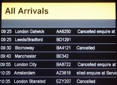An arrivals board at Glasgow Airport shows a series of cancelled flights as Scottish airspace was closed yseterday.