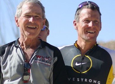 Armstrong (R) with former US president George W Bush at a cycling event in Texas in April.
