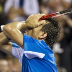 Coatia's Ivan Dodig reacts with disbelief upon defeating world number two Raphael Nadal during the first round of the Rogers Cup in Montreal.