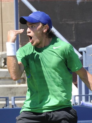 Ireland's Louk Sorensen reacts in his match against Brazil's Rogerio Dutra Da Silva .