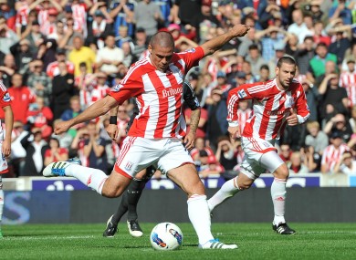 Walters scores the only goal of Stoke's win over Liverpool on Saturday.