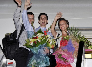 From left: Shane Bauer, Josh Fattal and Sarah Shourd leaving Oman yesterday.