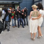 Sisters Georgina and Cecelia Ahern pose for photographers as they arrive for their father Bertie Ahern's 60th birthday party at Croke Park. Photo Leon Farrell/Photocall Ireland