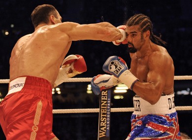 Wladimir Klitschko lands a shot on David Haye in Hamburg.