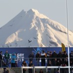 With Mount Egmont as a backdrop, fans wait for the start of Wales v Namibia at Stadium Taranaki.
(AP Photo/Dita Alangkara)