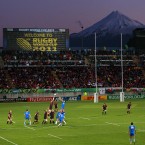 Wales and Namibia players contest the line-out against the backdrop of Mount Taranaki.
(David Davies/PA Wire/Press Association Images)