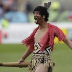 A Maori warrior welcomes players onto the field at the Manawatu stadium in Palmerston North.
(AP Photo/Natacha Pisarenko)