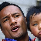 Samoa's Eliota Fuimaono Sapolu speaks to the media after he failed to attend an IRB disciplinary hearing.
(AP Photo/Natacha Pisarenko)