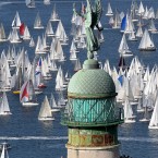 A view of the sail boats taking part in the 43rd edition of the traditional Barcelona regatta in the gulf of Trieste, north-eastern Italy, Sunday, Oct. 9, 2011. 

(AP Photo/Paolo Giovannini)
