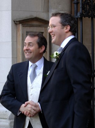 Liam Fox (left) with his best man, A Werritty, at his wedding in 2005. Werritty accompanied Fox on dozens of overseas trips despite having no formal role in his administration.