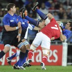 Sam Warburton is sent off following this tackle on France's Vincent Clerc.
(AP Photo/Ross Land)