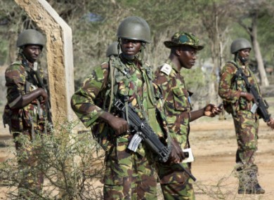 Kenyan soldiers patrol along the Somali border yesterday.