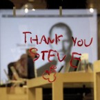 A message is written on the window of the Apple Store in Santa Monica, California. (AP Photo/Jae C. Hong)