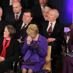 Sabina Coyne-Higgins wiping a tear from her eye as her husband, new President Michael D Higgins, makes his acceptance speech. Image: Photocall Ireland/GIS