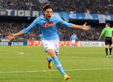 Edison Cavani celebrates scoring against Man City last night.