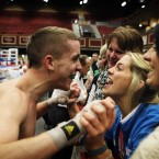 Ireland's Niall McDermott celebrates with his sister Lorraine after winning his quarter-final of the World Kickboxing Championships at the CityWest Hotel in Dublin.