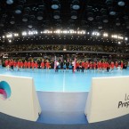 The Great Britain team, left, line up with the Austrian team during the London Handball Cup at the Olympic Park in London.
