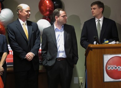 Tim Davidson, Brandon Lacoff and Greg Skidmore, three asset managers from Greenwich, claim their $254 million Powerball prize.
