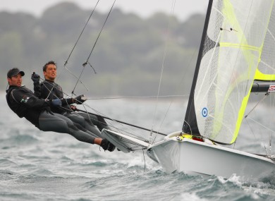 Ryan Seaton and Matt McGovern (left) racing in the 49er class during the London Olympic Games 2012 Test event in Weymouth in August.