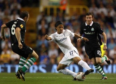 Rovers midfielders Stephen Rice and Ronan Finn close down Giovanni Dos Santos.