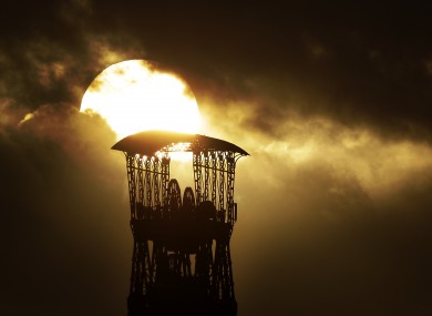 An old coal mine tower against the winter sun in Moers, Germany today