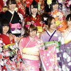 19 members of , Japanese pop group  AKB48 and SKE48 wear furisodes to celebrate their Coming-of-Age Day ceremony event at Kanda Myojin, a shinto shrine in Chiyoda, Tokyo. (The Yomiuri Shimbun via AP Images )