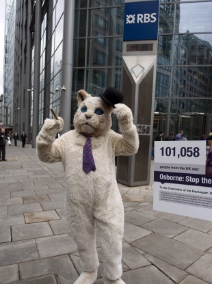 A 'fat cat' protesting outside RBS in London at the bonus awarded to Stephen Hester