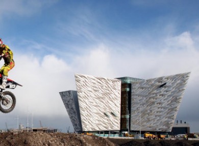 The Titanic Building in Belfast (plus, rider Gordon Crockard)