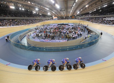 Britain compete in the team pursuit during a qualifying session for the UCI Track Cycling World Cup in London.