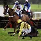 Black Cache and Jeremiah McGrath fall at the last in the Wetherby Racecourse Sunday Car-Boot-Sale Conditional Jockeys' Handicap Hurdle at Wetherby Racecourse. Pic: John Giles/PA Wire