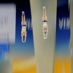 Germany's Patrick Hausding and Sascha Klein in their Men's Synchronised 10m Platform Preliminary during the 18th FINA Visa Diving World Cup at the Aquatics Centre in the Olympic Park, London. Pic: Owen Humphreys/PA Wire/Press Association Images