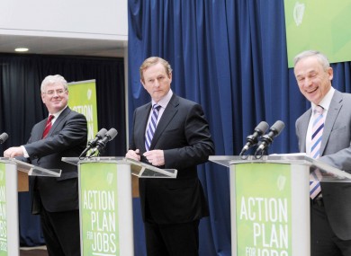 Tánaiste Eamon Gilmore, Taoiseach Enda Kenny and Jobs Minister Richard Bruton making their announcement yesterday