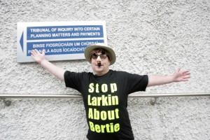 A protestor outside the gates of the Mahon Tribunal in 2008.