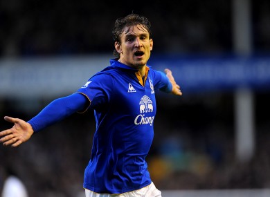 Nikica Jelavic celebrates his first Everton goal