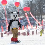 A ski fan dressed as panda skis during an Underwear Ski Festival at Lotus Mountain Ski Resort, China. (Photo by Wu Ting/ChinaFotoPress)