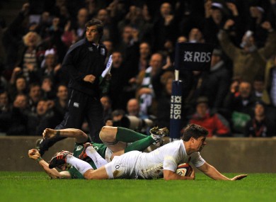 England's Ben Youngs goes over for a try.