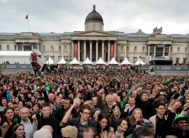 People in London Trafalgar's Square this afternoon for the Patrick's Day celebrations (just one day late)