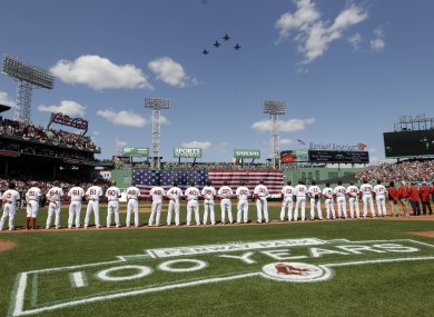 Red Sox players line up to welcome the Vermont National Guard