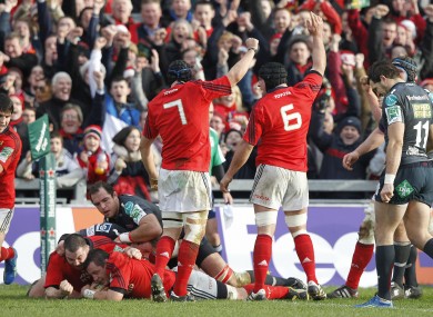 Munster's James Coughlan goes over to score earlier this season.