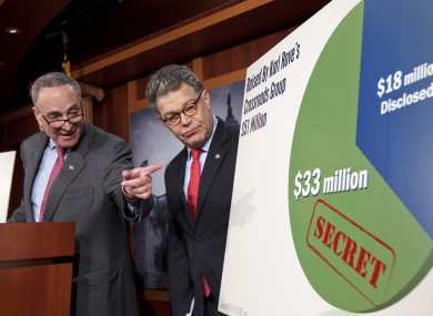 Democratic senators Charles Schumer and Al Franken criticise the secretive nature of donations to so-called 'Super PACs'.