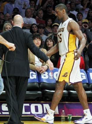 Metta World Peace leaves the court after he was ejected against the Oklahoma City Thunder.