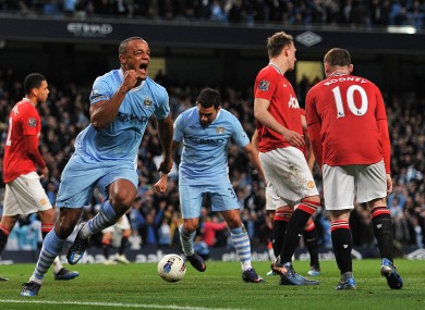 Lift-off: Vincent Kompany gives City the lead... in every sense