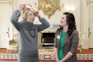 First Lady Sabina Higgins is presented with a hat made by 16-year-old Caoimhe Dowling (right) from Presentation Secondary School in Listowel, Co. Kerry. A group of Young Entrepreneurs from the county were at Áras an Úachtaráin today.