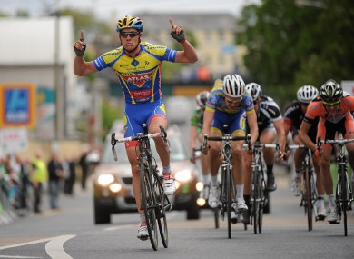 Pirmin Lang celebrates after winning today's second stage of the An Post Rás.