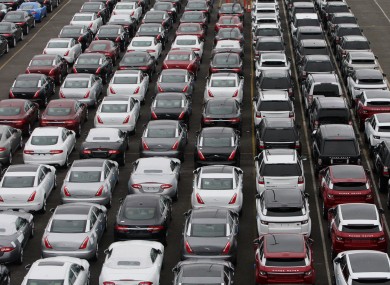 New cars await shipping in Southampton, England